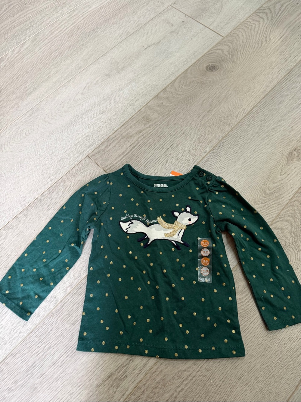 Gymboree Dark Green Long-Sleeve Top with Fox Appliqué and Gold Dots